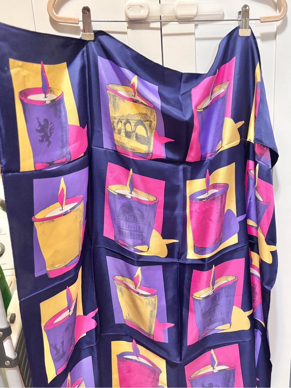 Vibrant Candle Print Satin Scarf - Bold Navy, Purple, Pink & Gold